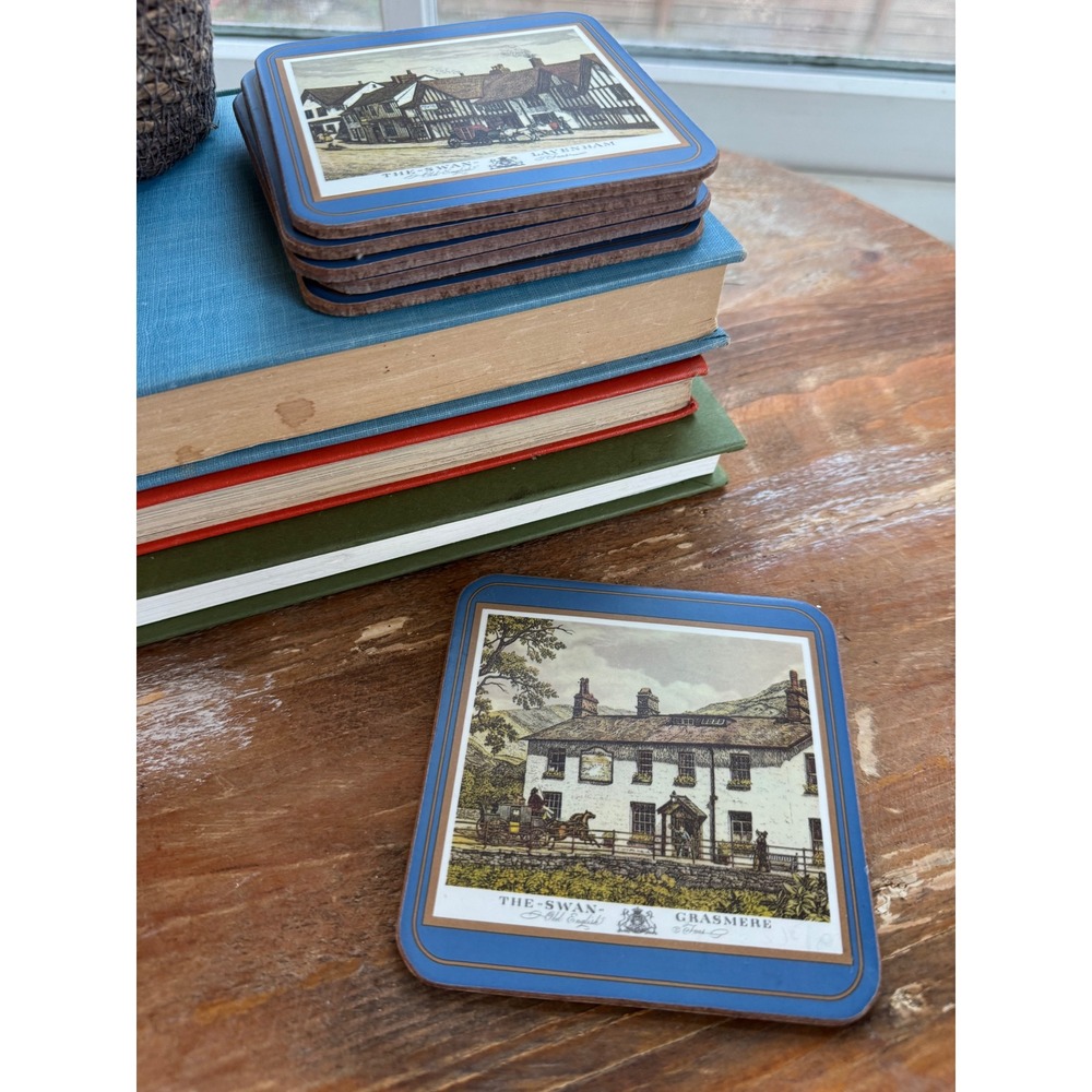 Vintage Pimpernel Old English Inns Coasters Set of 6 Cork Backed Blue Border